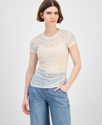 Bar III - Women's Lace Short-Sleeve Crewneck Tee