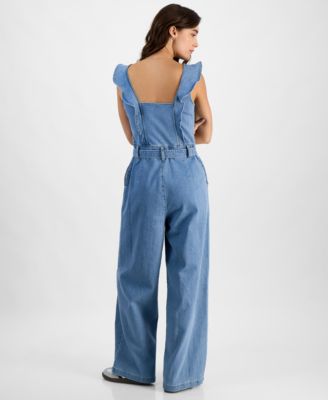 Tinseltown Juniors' Square-Neck Ruffle-Strap Wide-Leg Jumpsuit