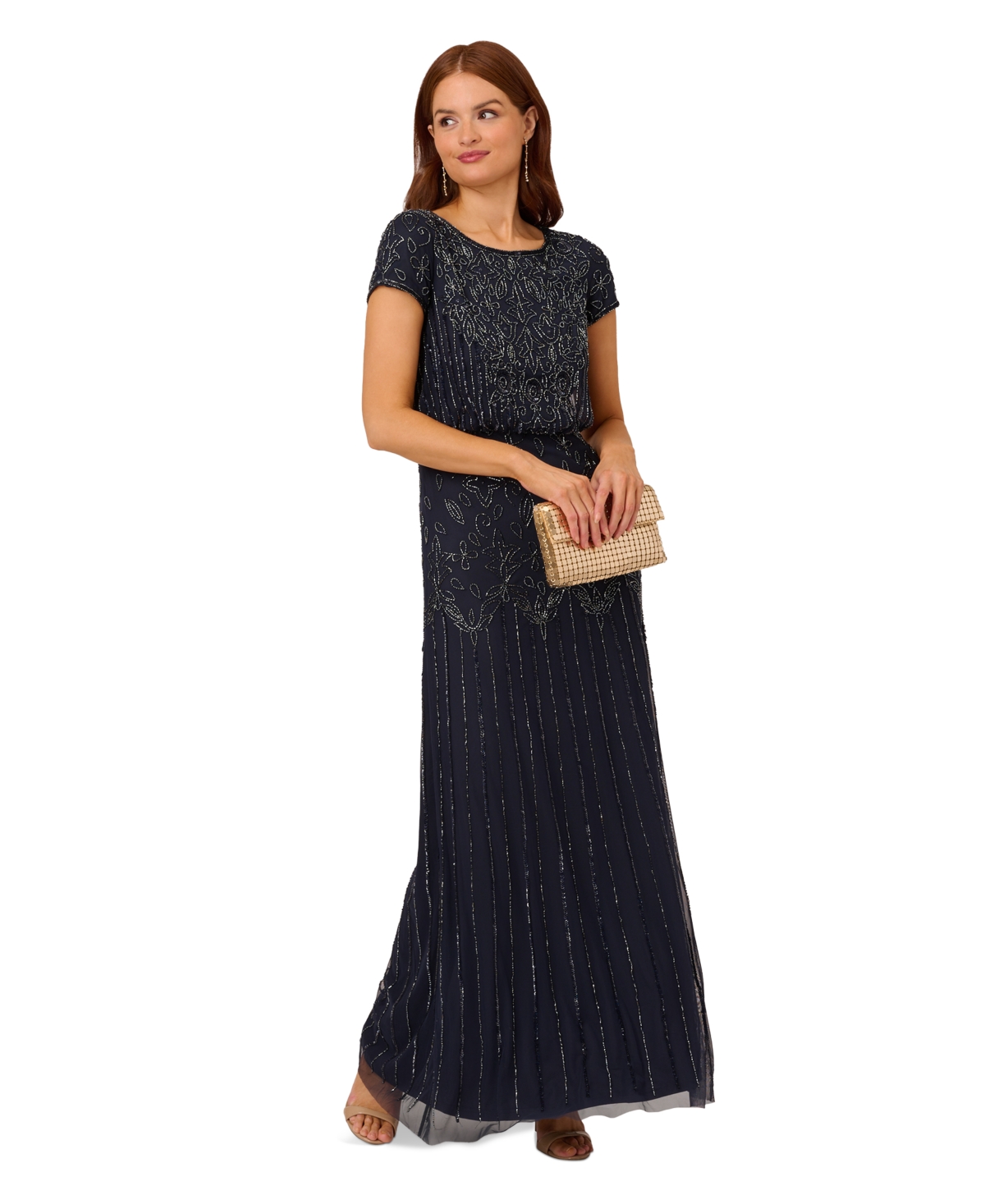 Women's Beaded Short-Sleeve Sheer-Overlay Gown - Navy