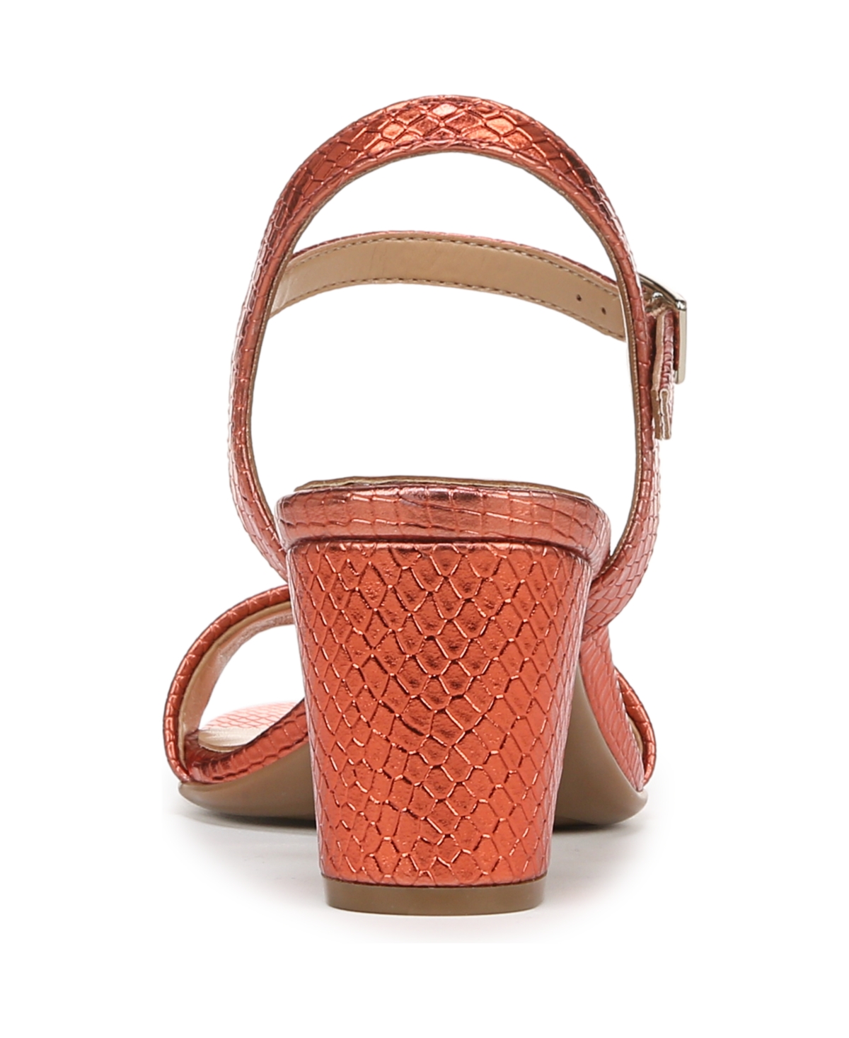 Naturalizer Bristol Block Heel Ankle Strap Sandal In Orange Metallic Snake Embossed Faux Leat