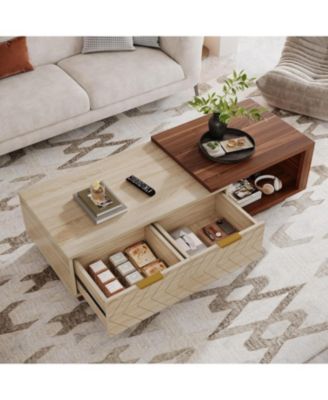 Extendable Coffee Table with 2 Storage Drawers, Dual-Tone Center Table with Sliding Tabletop