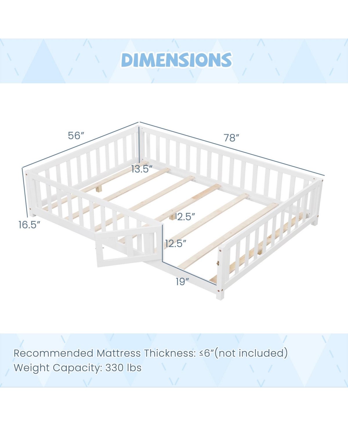 Montessori Bed Frame with Full-length Guardrails Safety Door and Latch