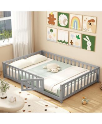 Montessori Bed Frame with Full-length Guardrails Safety Door and Latch