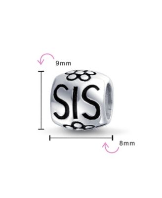 SIS Heart Flower Charm Bead BFF Sorority Sister Sterling Silver Bracelet