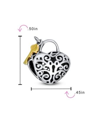 Two Tone Heart Filigree Lock & Key Charm Bead 14K Gold Plated Silver