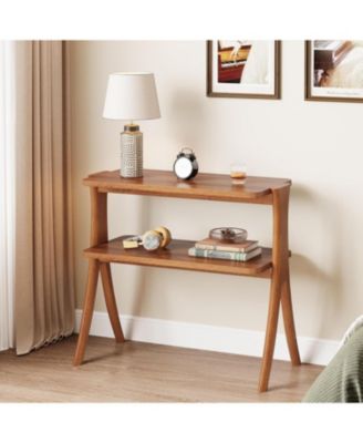 Narrow Side Table for Living Room, Farmhouse End Table with 2-Tier Storage Shelf and Solid Wood Legs