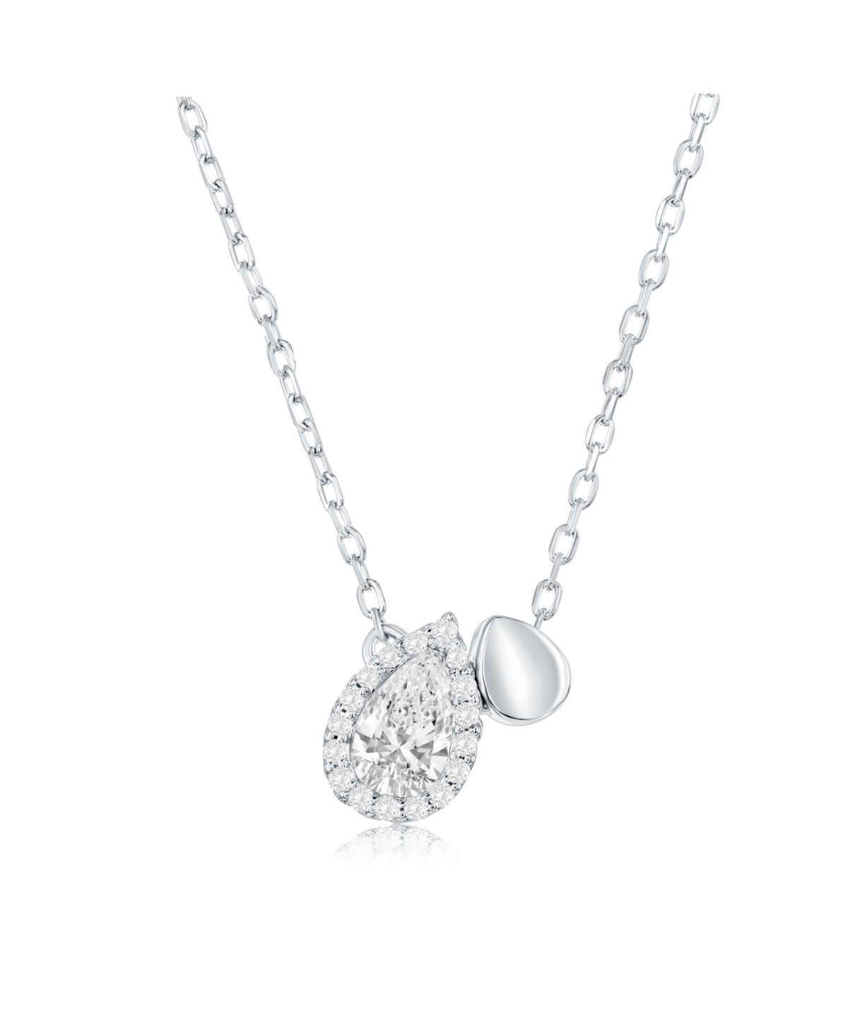 Sterling Silver, Double Pearshaped Cz & Polished Necklace - Silver