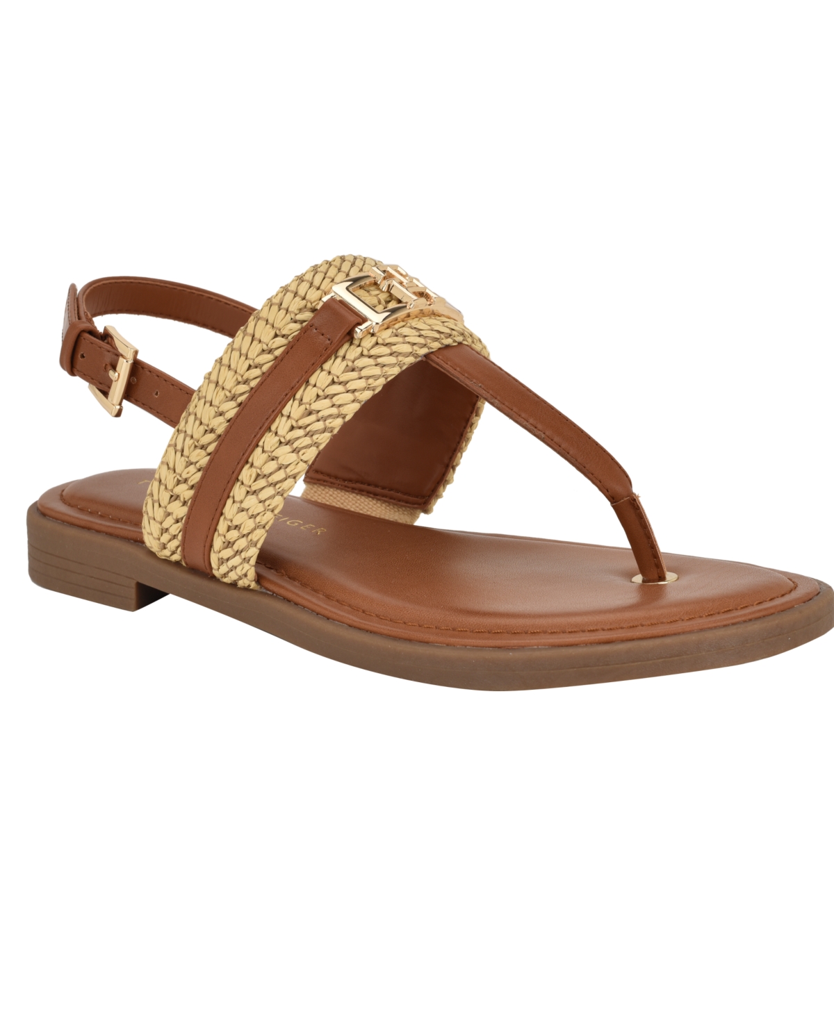 Tommy Hilfiger Women's Carree T-strap Flat Sandals In Raffia,brown