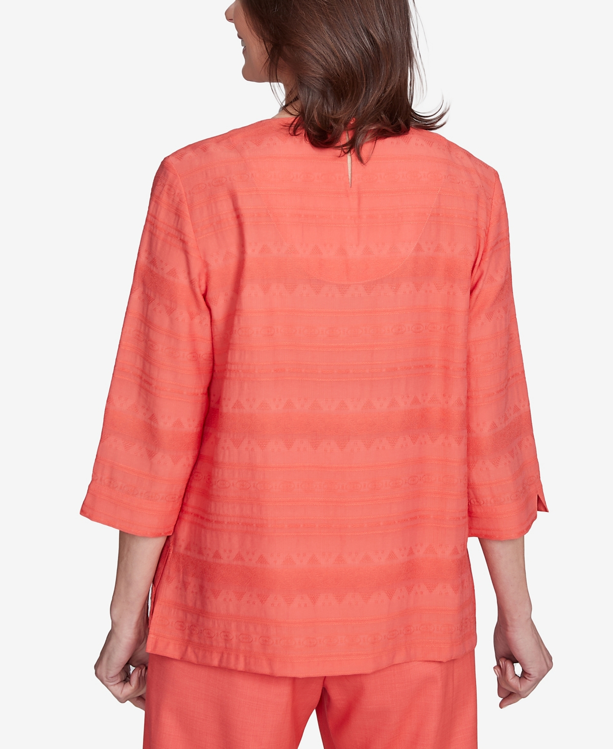 Alfred Dunner Plus Size Catalina Island Solid Textured Lace Trim Round Neck Top In Tangerine