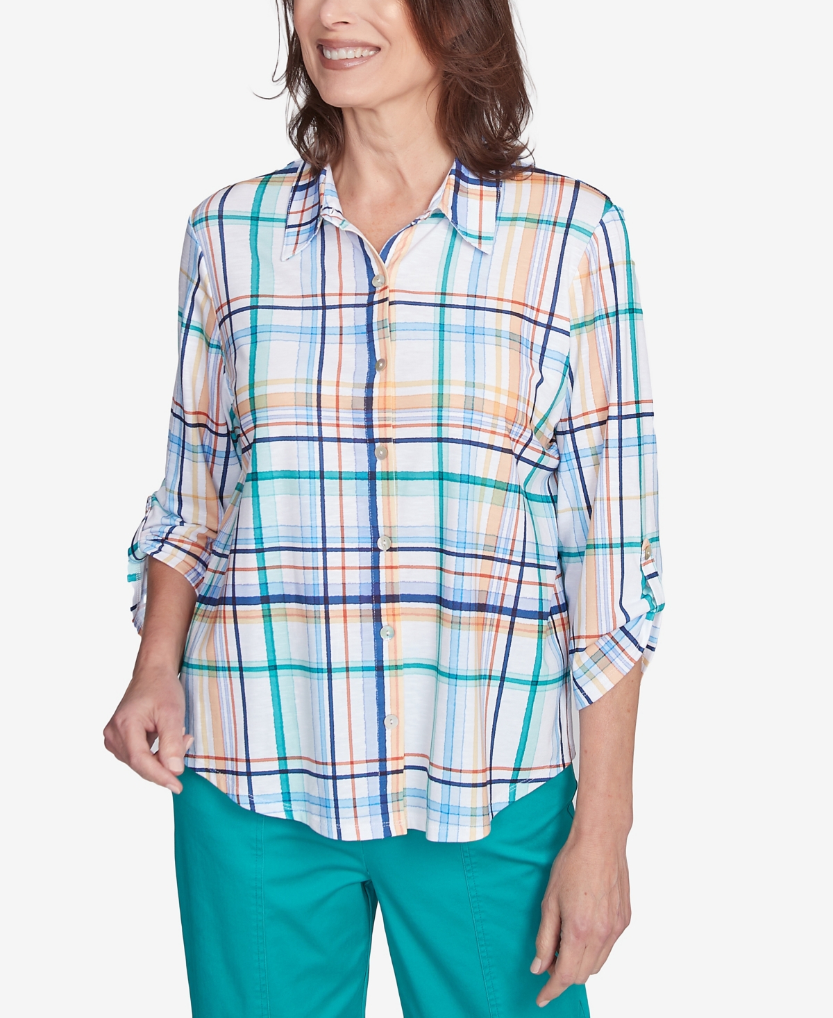 Women's Nantucket Plaid Knit Button Front Top - Marine Multi