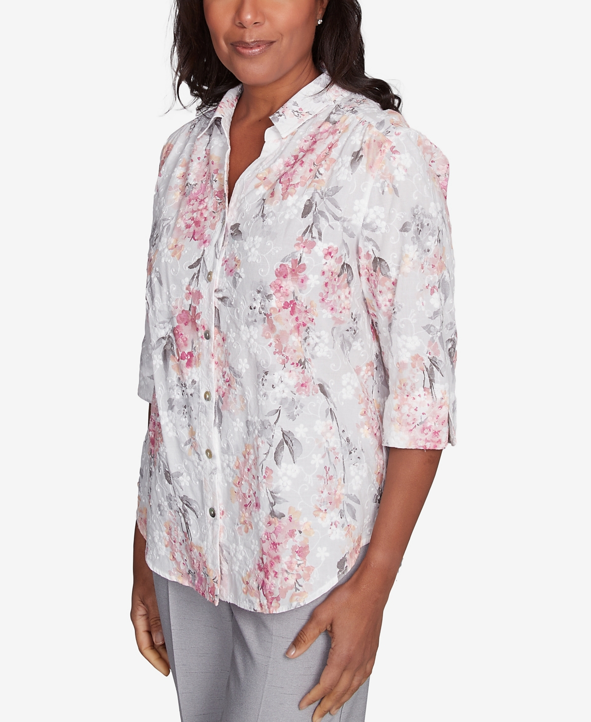 Alfred Dunner Petite Estate Of Mind Collared Button Front Hydrangea Top In Multi Pink