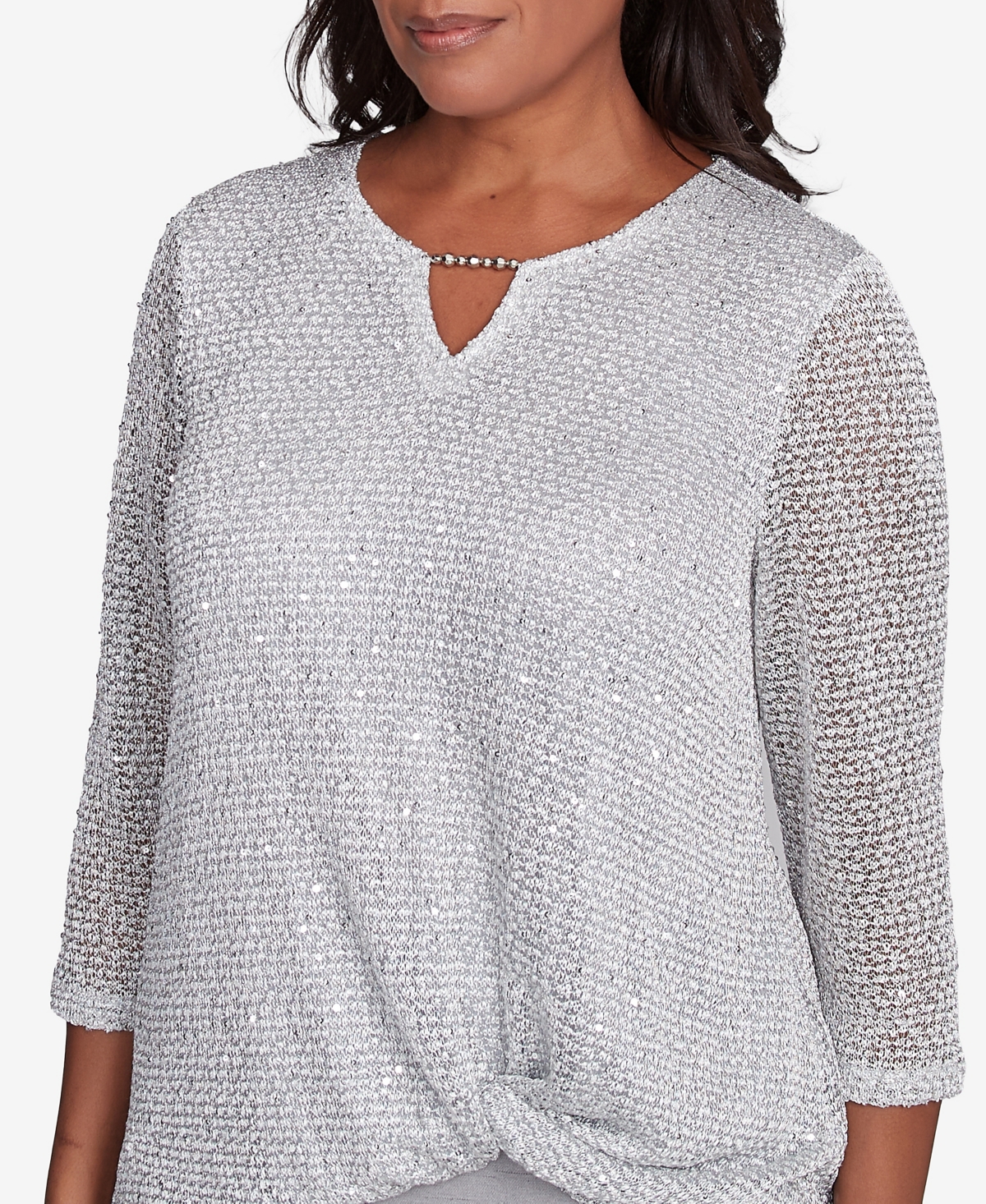 Alfred Dunner Petite Estate Of Mind Sequin Beaded Split Neck Top In Dove Grey