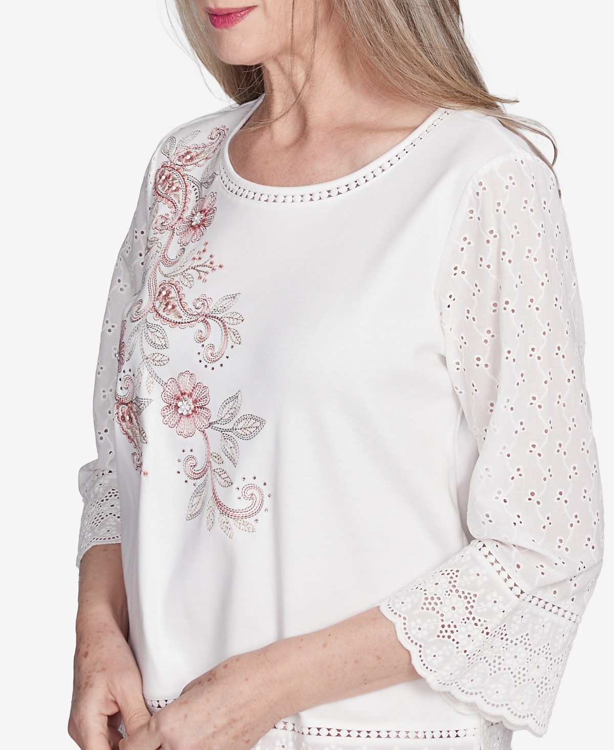 Alfred Dunner Petite Estate Of Mind Embroidered Floral Eyelet Trim Top In Oyster