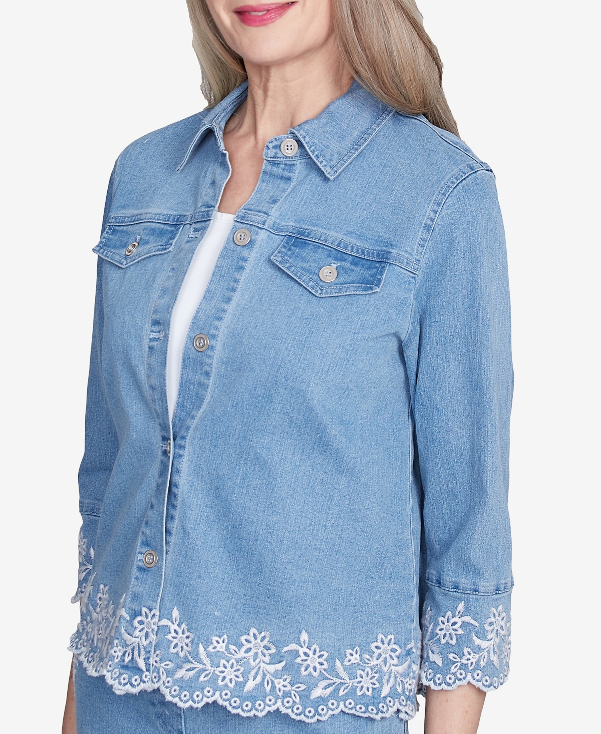 Alfred Dunner Plus Size Flower Power Denim Floral Embroidered Jacket In Light Indigo