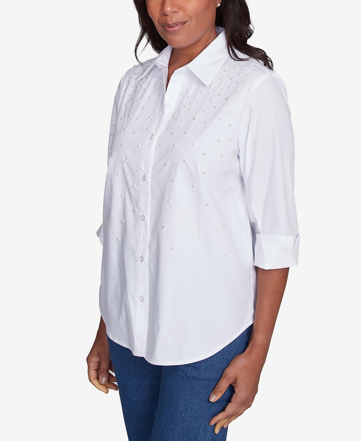 Alfred Dunner Plus Size Flower Power Studded Button Down Collared Top In White