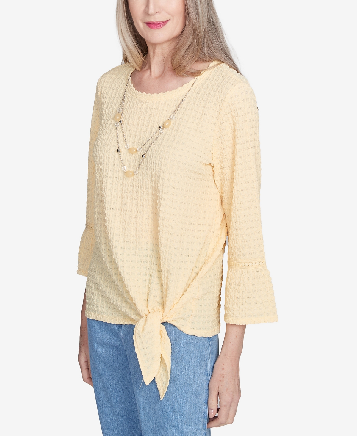 Alfred Dunner Plus Size Flower Power Tie Front Textured Crew Neck T-shirt With Necklace In Buttercup