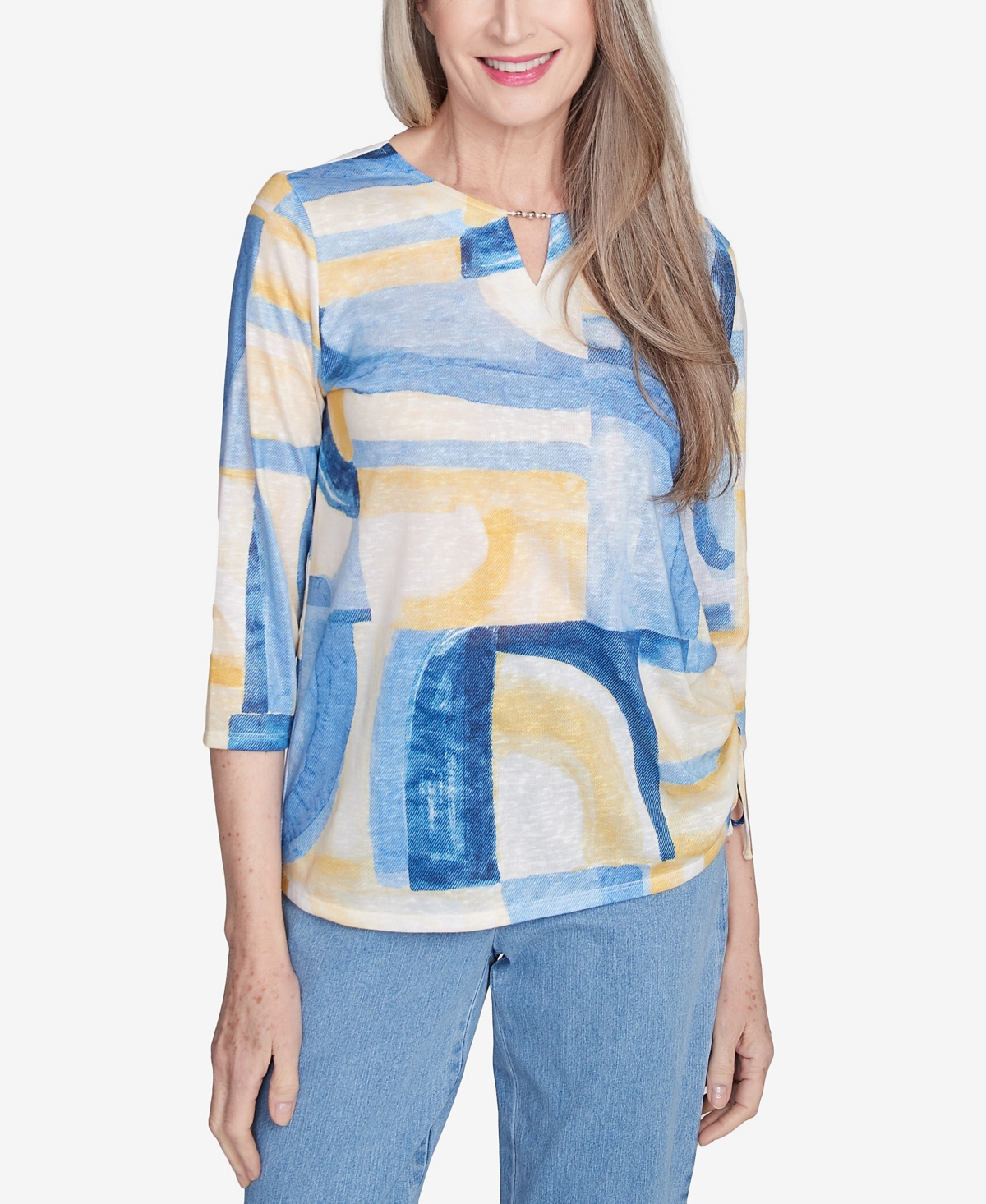Women's Flower Power Watercolor Patchwork Geometric Top - Multi Blue
