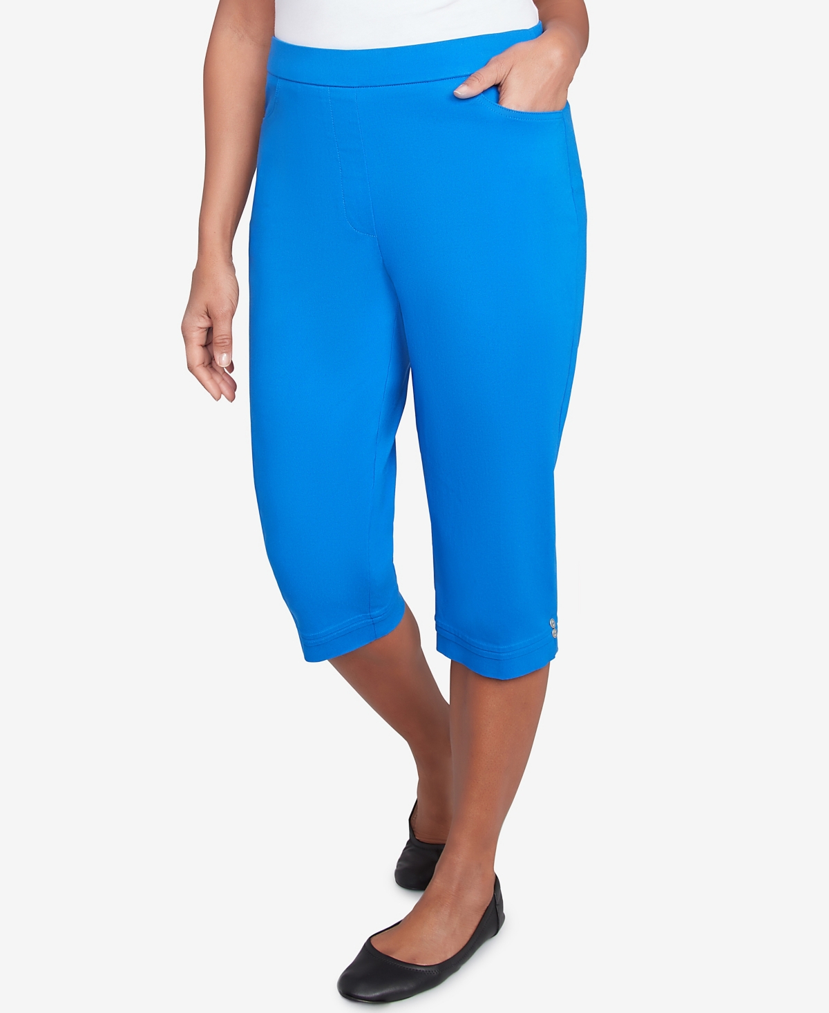 Alfred Dunner Plus Size Parrot Cay Novelty Cuff Tummy Control Capris Pants In Cobalt Blue