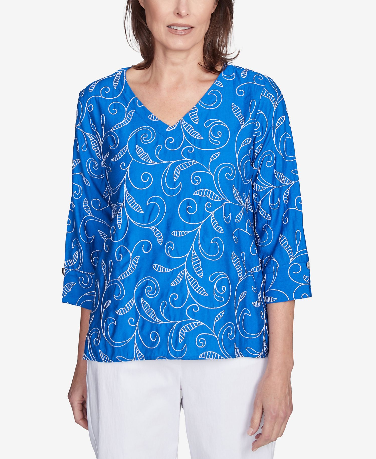 Women's Parrot Cay Scroll Embroidered Cuff Sleeve Top
