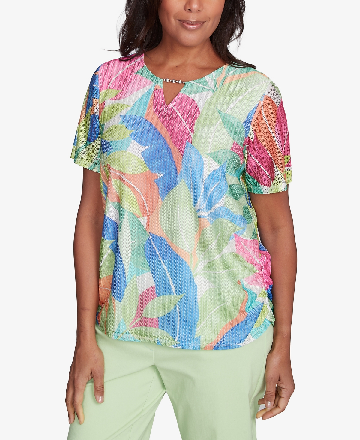 Alfred Dunner Petite Parrot Cay Textured Tropical Beaded Neck Top In Multi Green