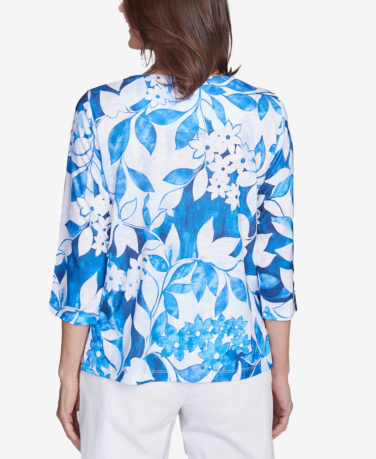 Alfred Dunner Plus Size Parrot Cay Monotone Cobalt Floral Top In Cobalt Blue