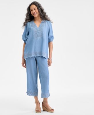 Style & Co Style Co Eyelet Embroidered Top Cropped Pants Wedge Sandals Exclusively At Macys