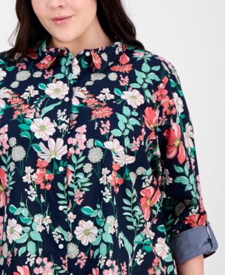 Plus Size Cotton Paisley-Print Utility Shirt