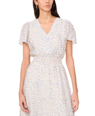 Women's Printed V-Neck Smocked-Waist Midi Dress
