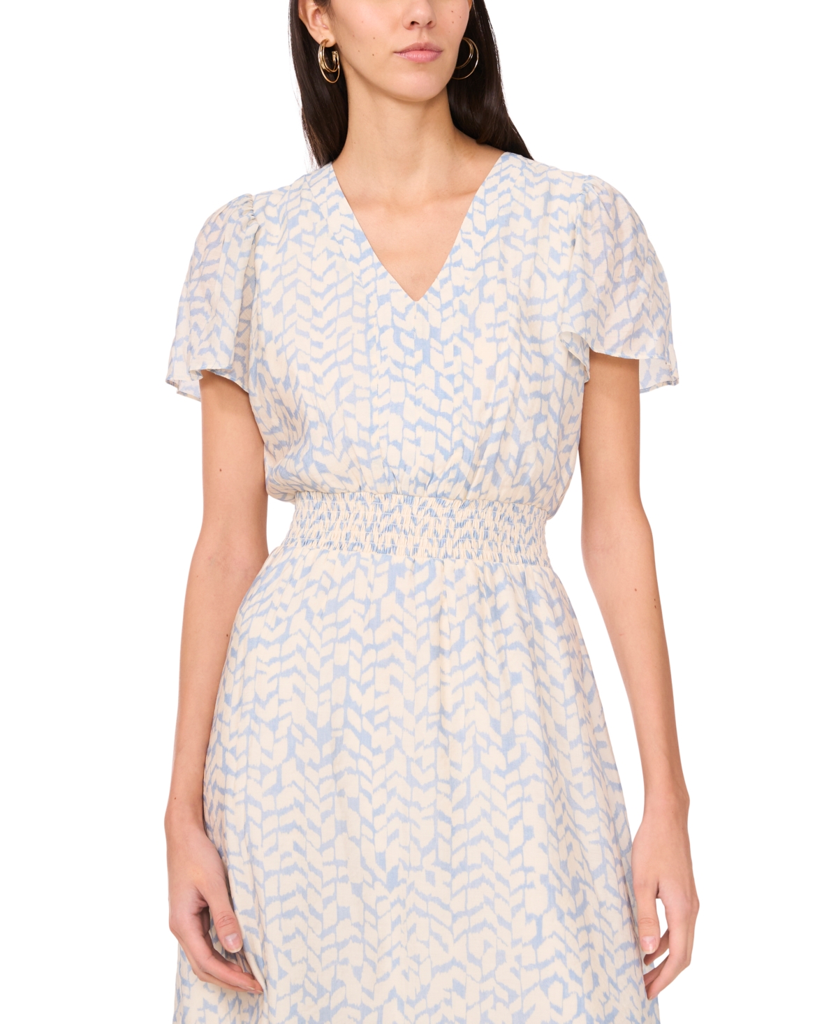Shop Vince Camuto Women's Printed V-neck Smocked-waist Midi Dress In Kale Breeze