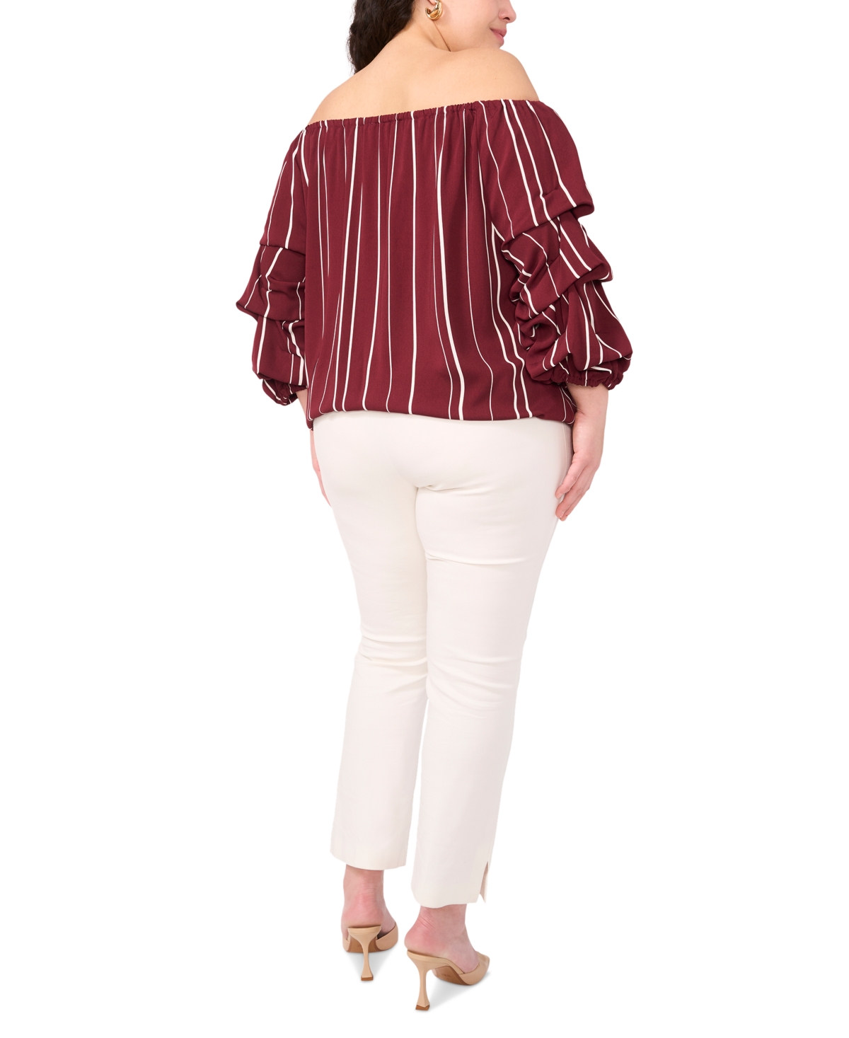 VINCE CAMUTO PLUS SIZE STRIPED OFF-THE-SHOULDER BUBBLE 3/4-SLEEVE TIE-FRONT BLOUSE 