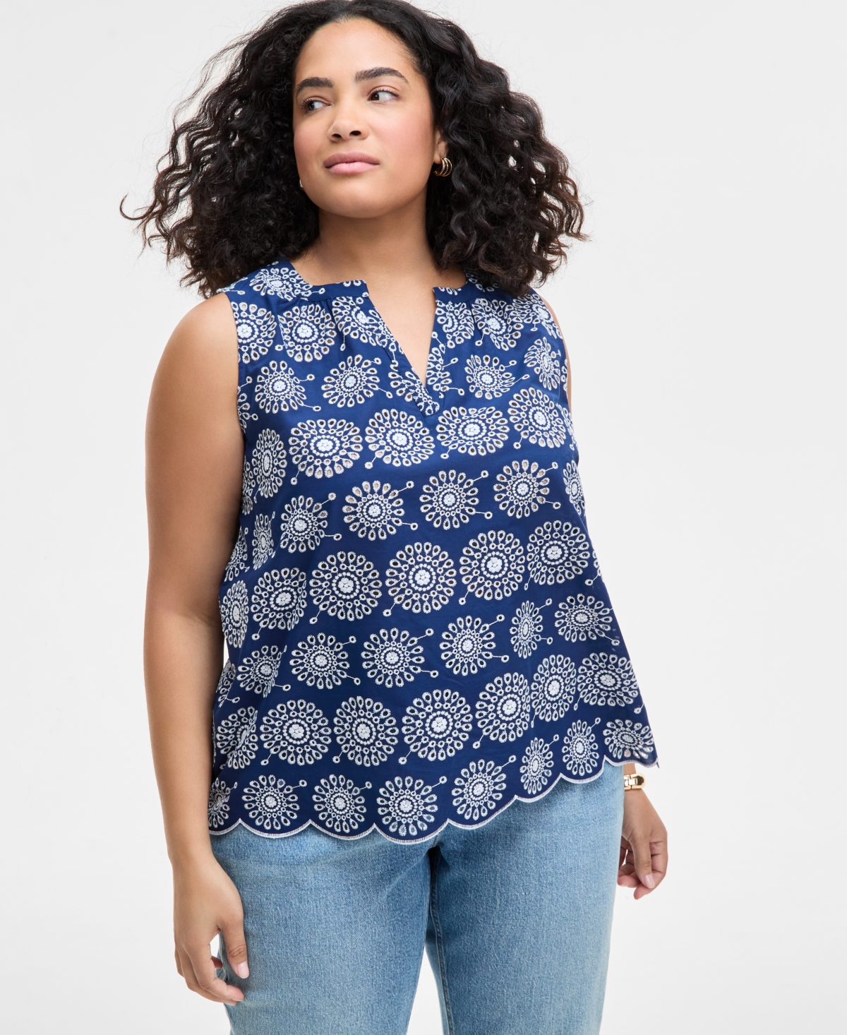 Trendy Plus Size Cotton Eyelet Split-Neck Tank, Exclusively at Macy's - Blazing Na