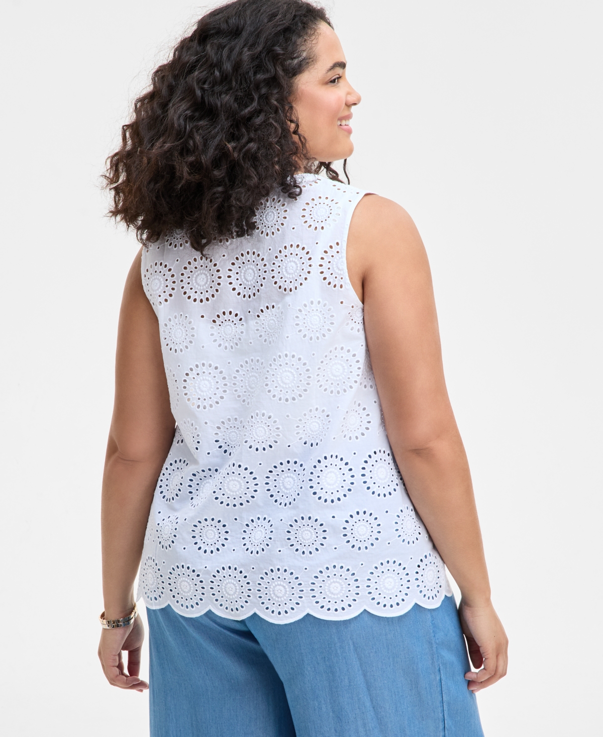 ON 34TH TRENDY PLUS SIZE COTTON EYELET SPLIT-NECK TANK, EXCLUSIVELY AT MACY'S 