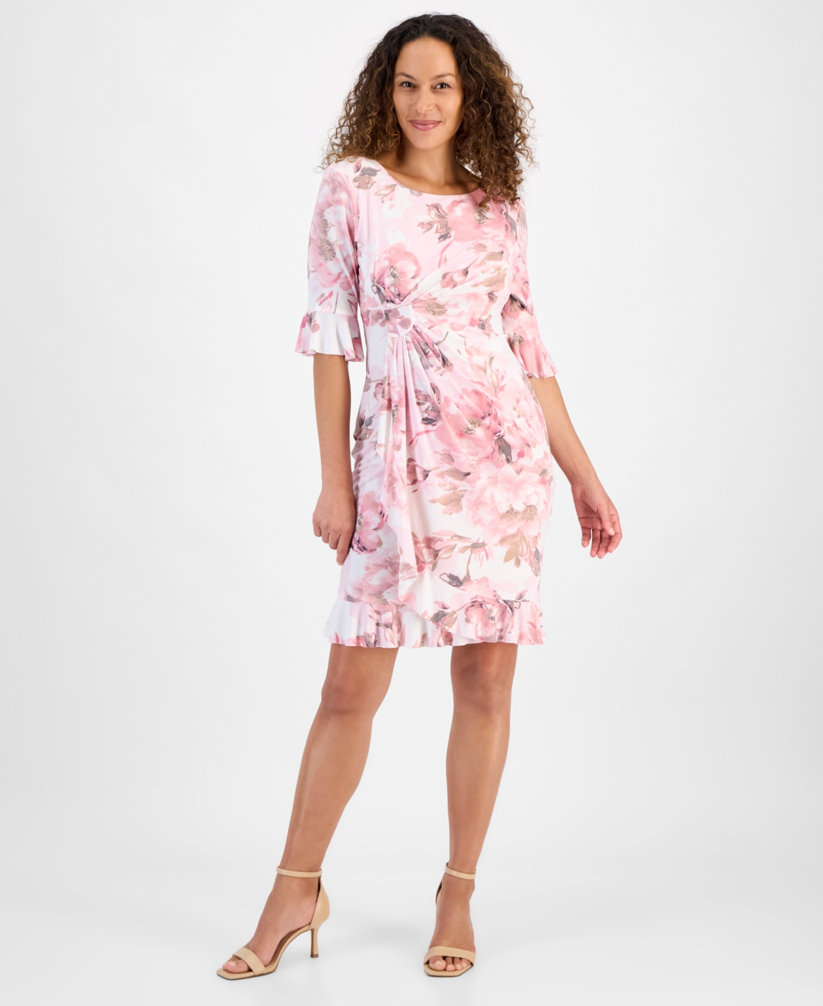 Petite Floral 3/4-Sleeve Ruffle-Hem Dress - Ivory Rose