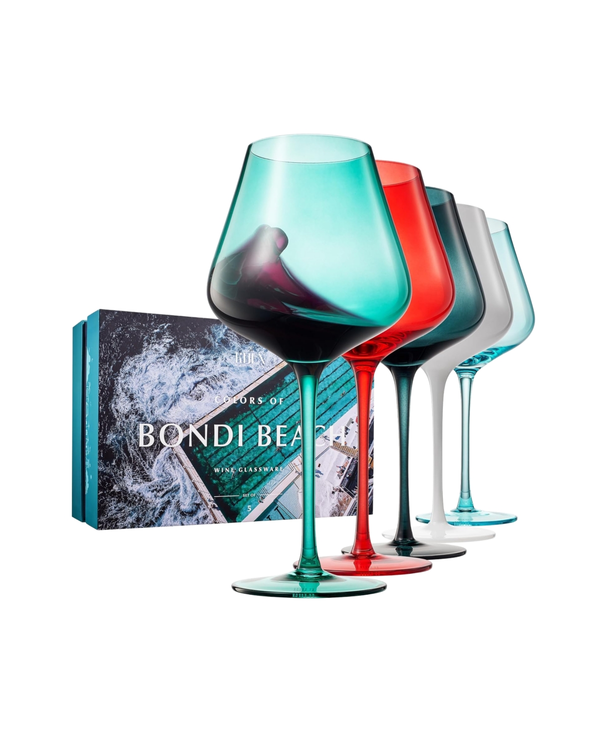 The Wine Savant Colors Of Bondi Beach Sydney Wine Glasses, Set Of 5 In Multicolor