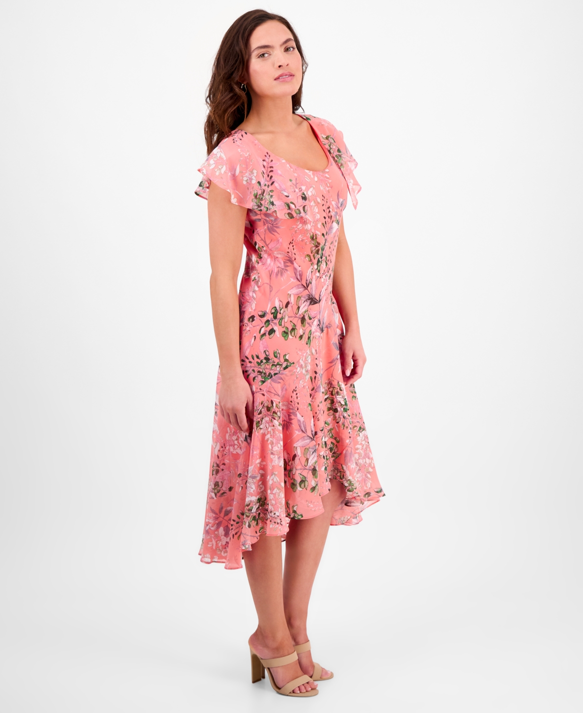 ROBBIE BEE PETITE FLORAL FLUTTER-SLEEVE MIDI DRESS