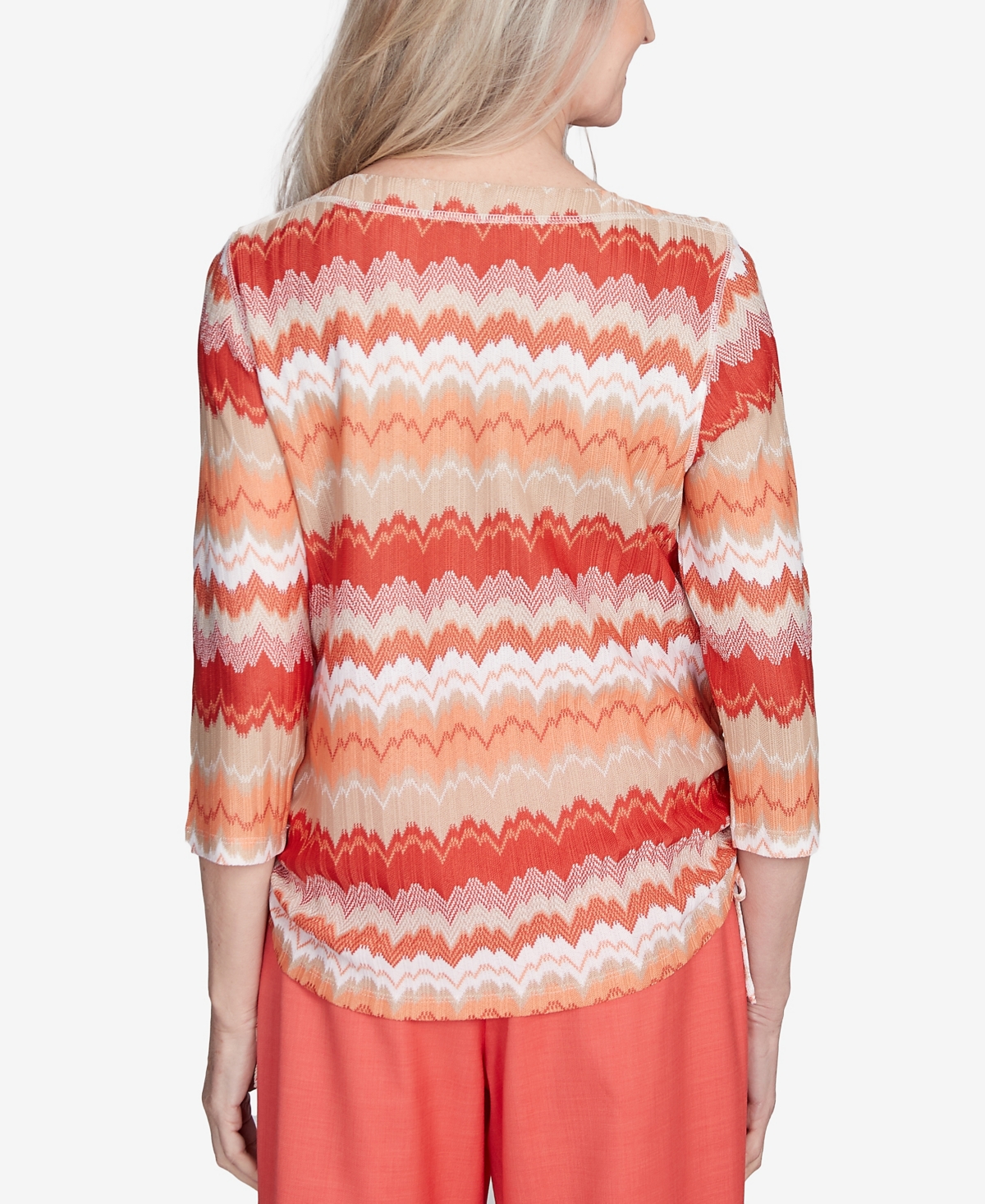 Alfred Dunner Plus Size Catalina Island Modern Chevron Drawstring Crew Neck Top In Tangerine Multi