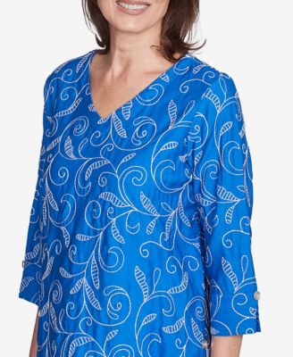 Petite Parrot Cay Scroll Embroidered Cuff Sleeve Top
