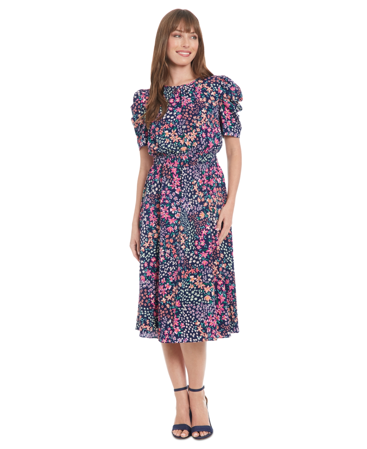 Women's Printed Round-Neck A-Line Dress - Navy/pink