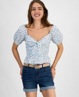 Kingston Grey - Juniors' Printed Sweetheart-Neck Puff-Sleeve Top