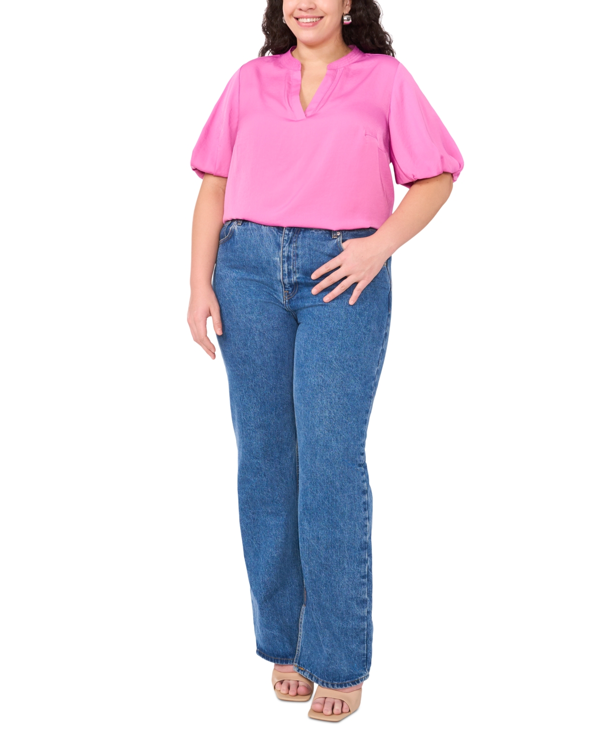 VINCE CAMUTO PLUS SIZE SPLIT-NECK PUFFED-SLEEVE TOP 