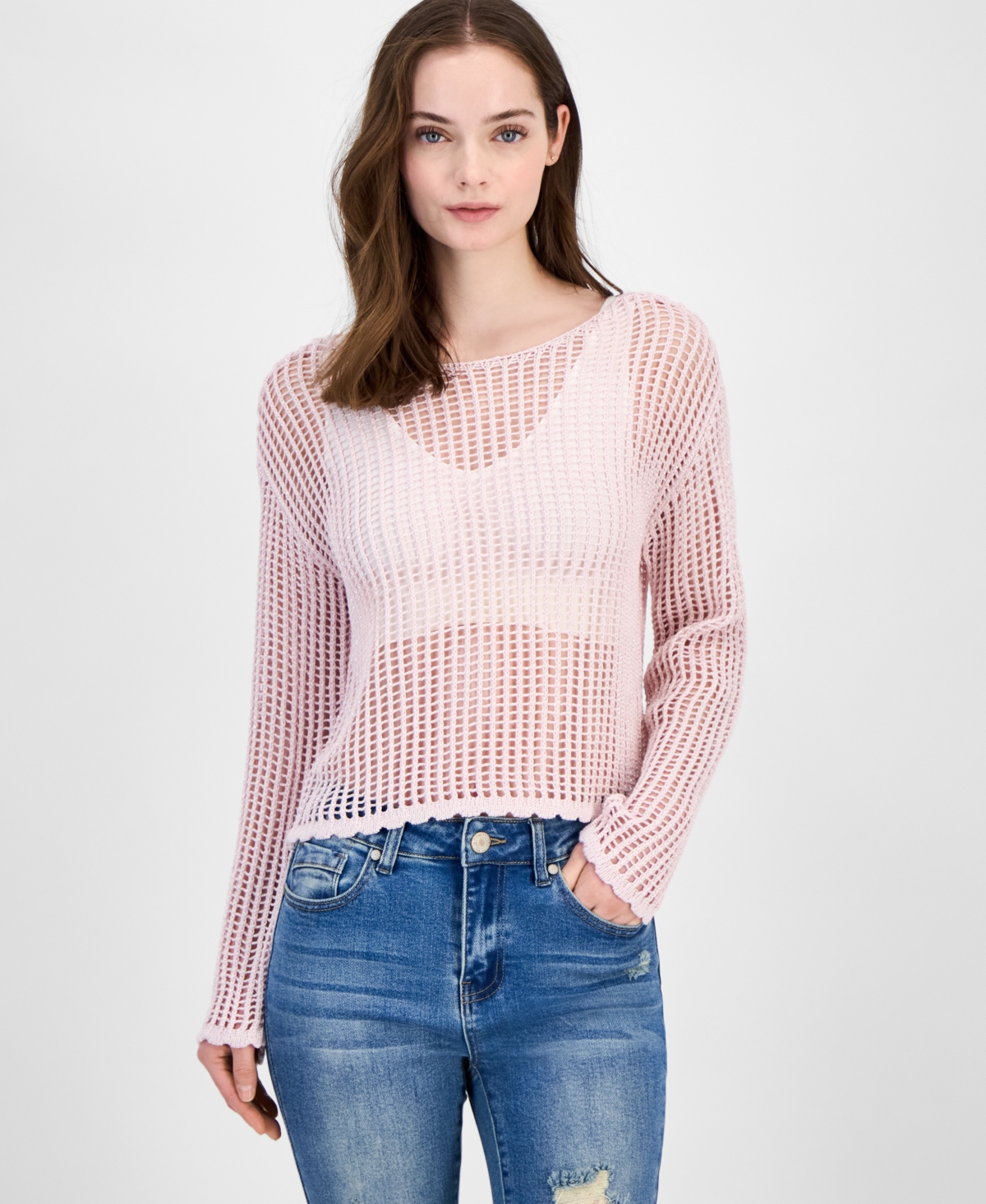 Juniors' Shimmer Open-Knit Sweater - Shimmer Beached Sand