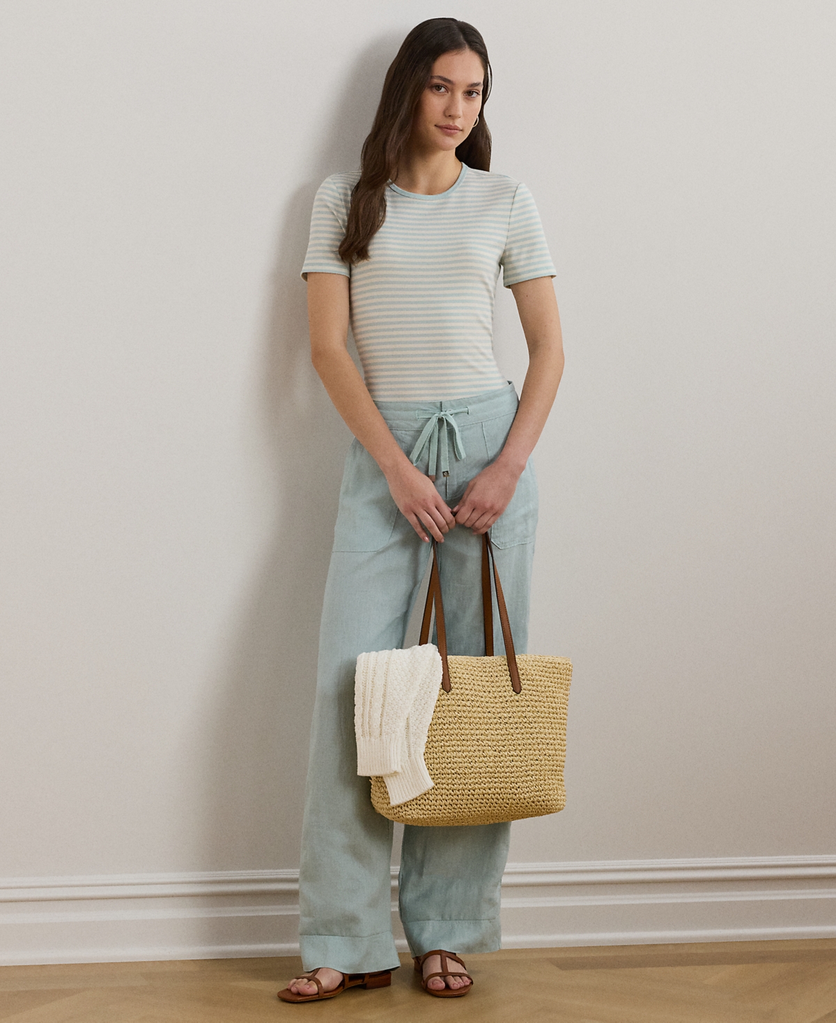 RALPH LAUREN PETITE STRIPED STRETCH COTTON CREWNECK TEE 