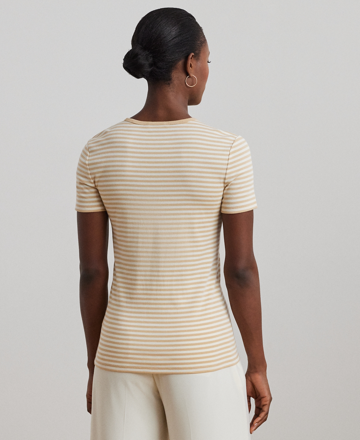 Shop Ralph Lauren Petite Striped Stretch Cotton Crewneck Tee In Sand Dune,mascarpone Cream