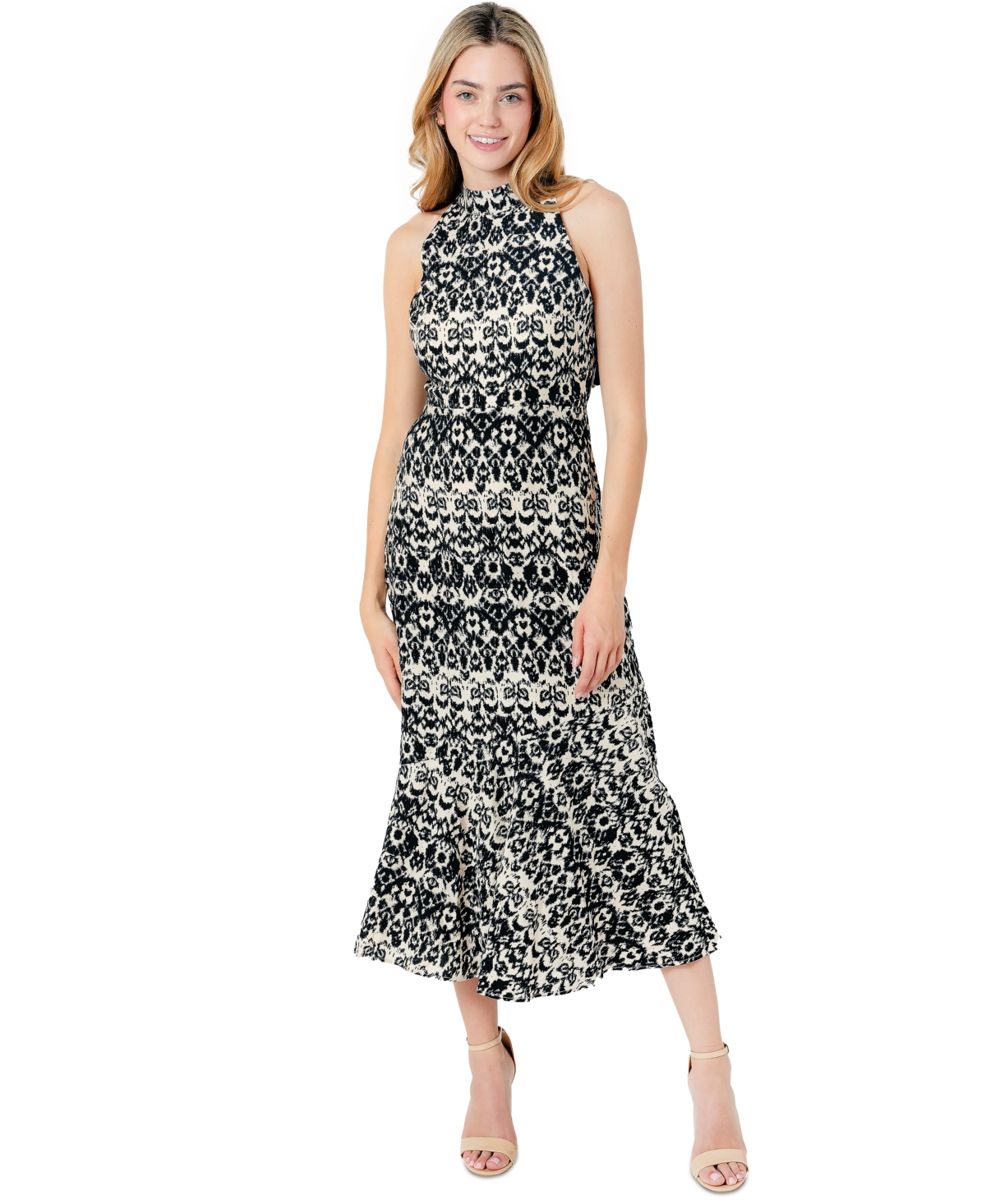 Shop Sam Edelman Women's Ikat-print Tie-neck Midi Dress In Black,ecru