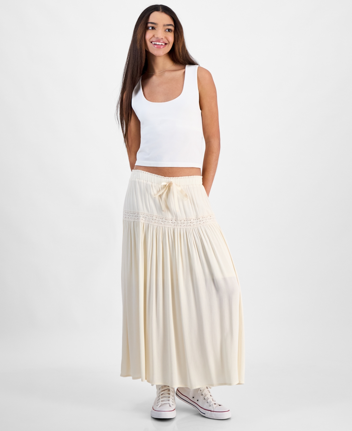 Juniors' Midi Lace Ribbon Tie-Front Skirt - Pale Mauve