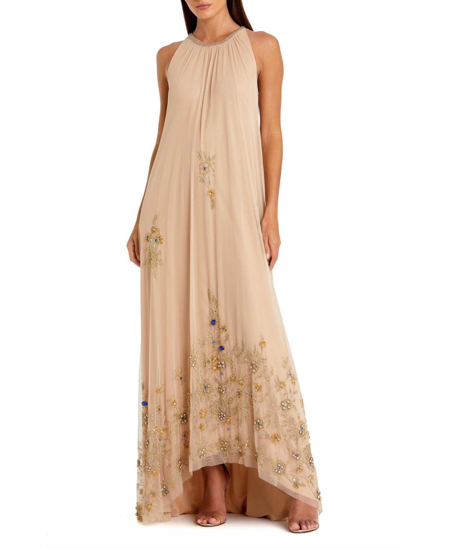 Женское платье Mac Duggal High Neck Floral Embellished Trapeze Gown, цвет: Телесный золотой — фото 8