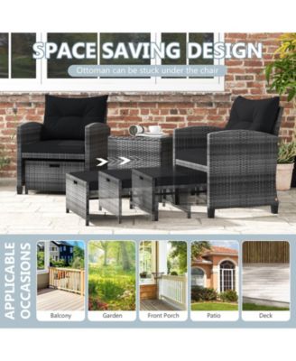 5-Piece Outdoor Rattan Furniture Set with 2 Ottomans and Glass Coffee Table