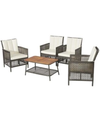 5 Pieces Patio Rattan Furniture Set Cushioned Sofa Armrest Wooden Tabletop