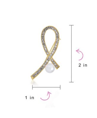 White Pearl Crystal Pave Pink Ribbon Breast Cancer Brooch Pin