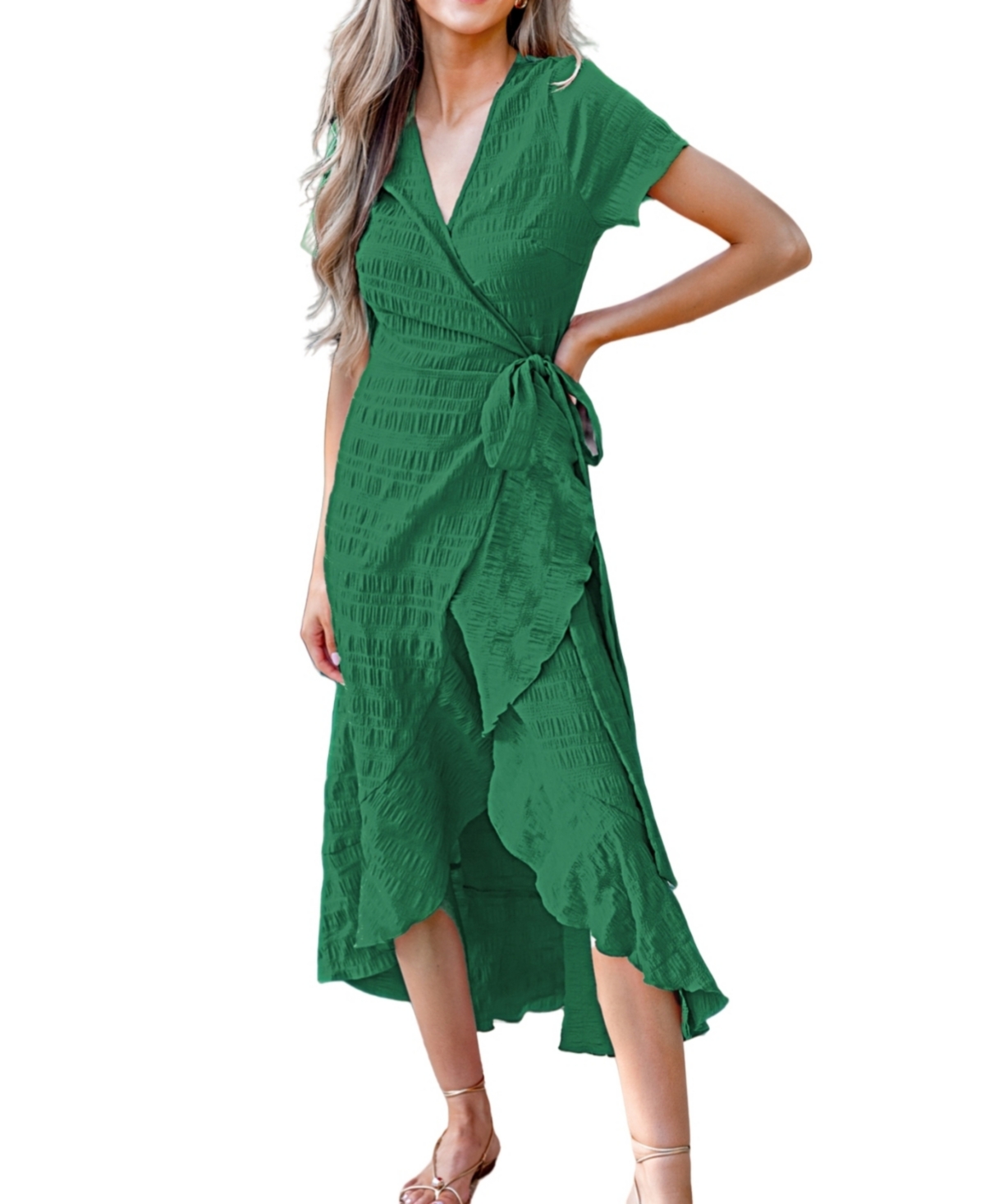 Women's Emerald Green Short Sleeve Wrap Maxi Beach Dress - Dark green